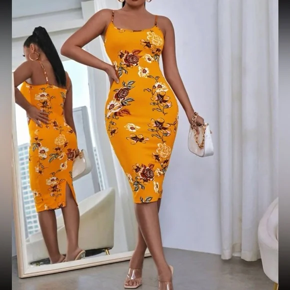 floral print cami bodycon dress SHEIN Priv Plus Floral Print Cami Bodycon Dress, Summer,Beach Dress Sundress,Holiday Outfits Boho
